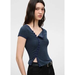 Cider Navy Ribbed Asymmetrical Neck Stripe Button Through Tee Size Large NEW